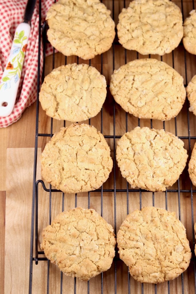 cooling peanut butter oatmeal cookies on a wire rack