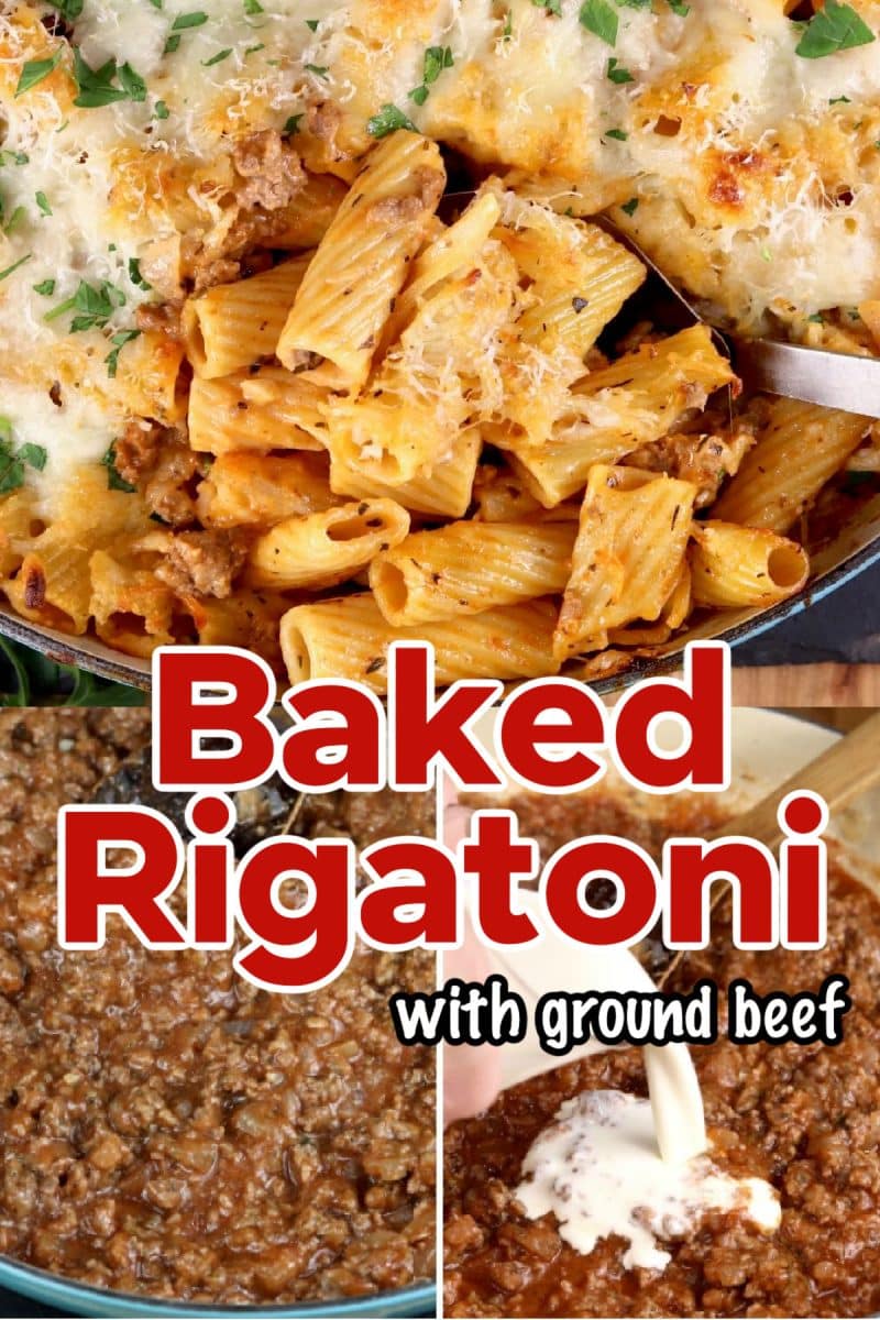 Baked rigatoni collage - baked / making sauce. Text overlay.