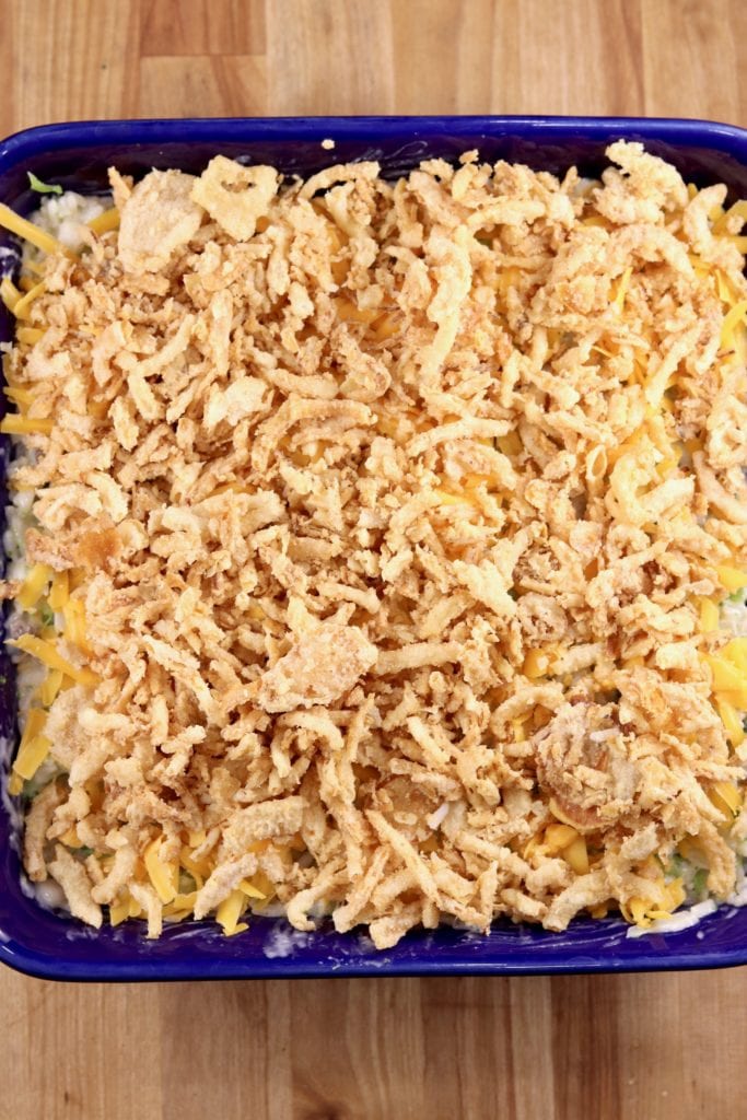 French fried onion topped broccoli rice casserole