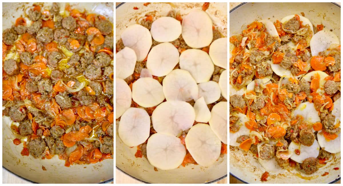Layering sausage, vegetables, potatoes in a pan.