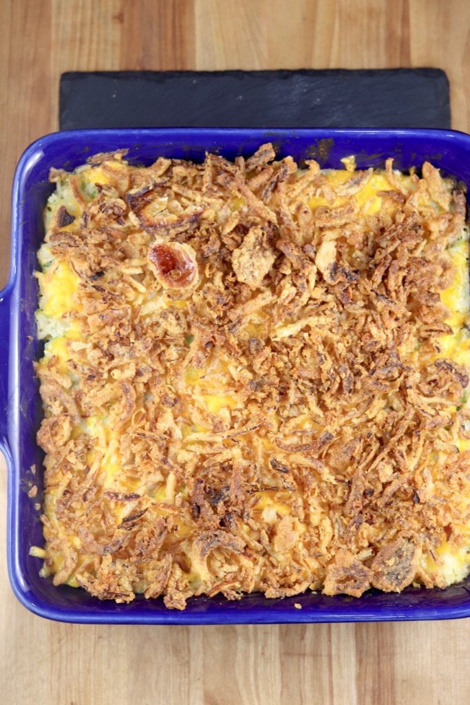 Broccoli Rice Casserole topped with crispy fried onions