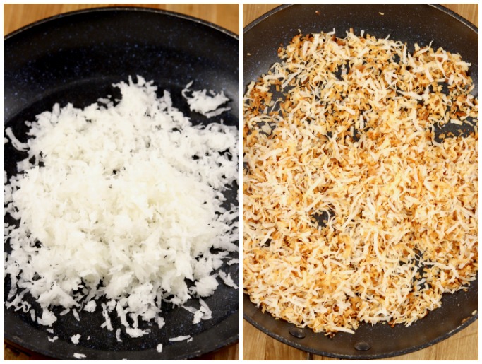 coconut in a skillet - toasted coconut