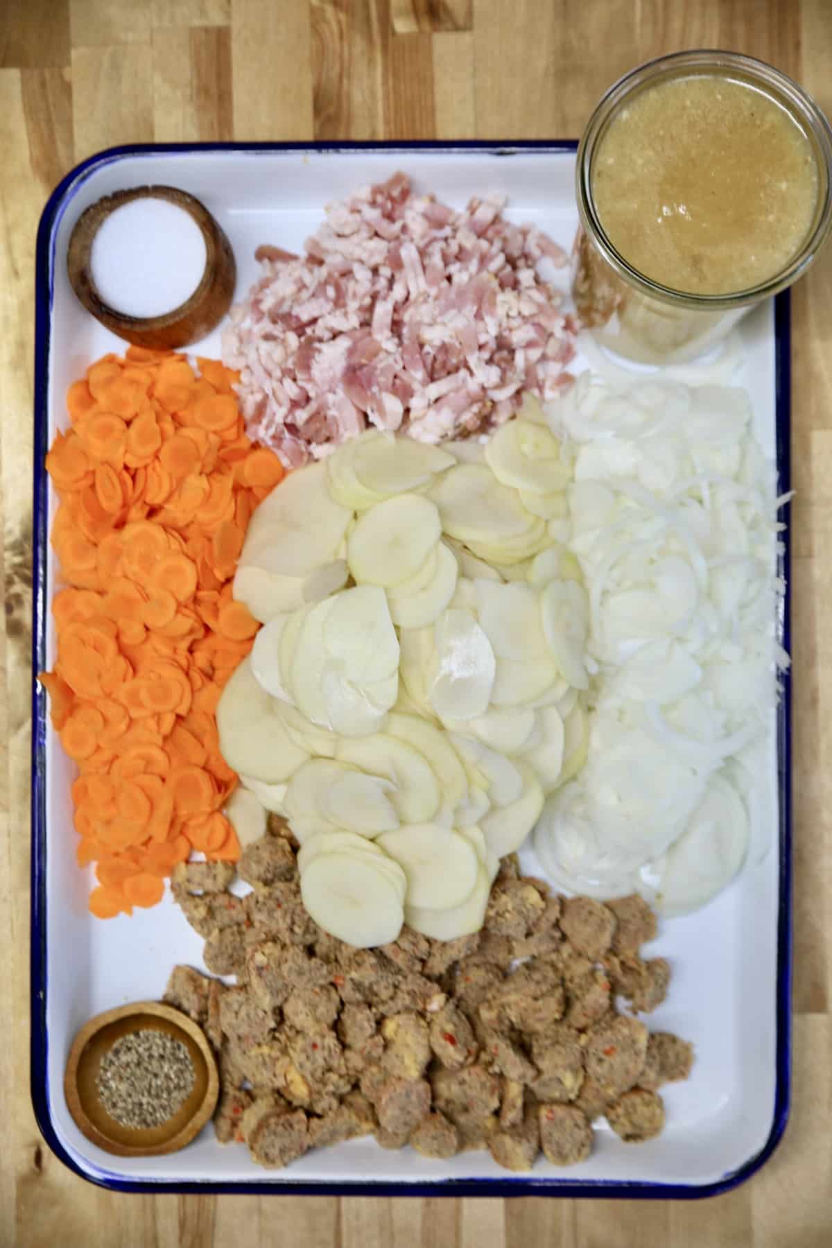 Platter with ingredients for Dublin Coddle Irish Stew.