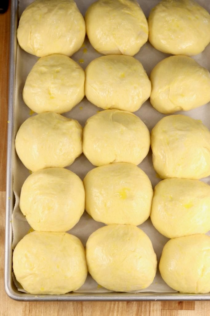 Yeast Rolls ready for the oven with egg wash
