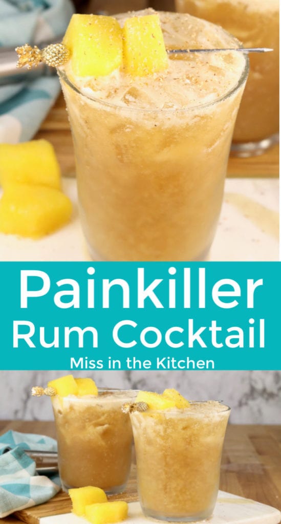 Collage of painkiller cocktail made with pineapple and dark rum
