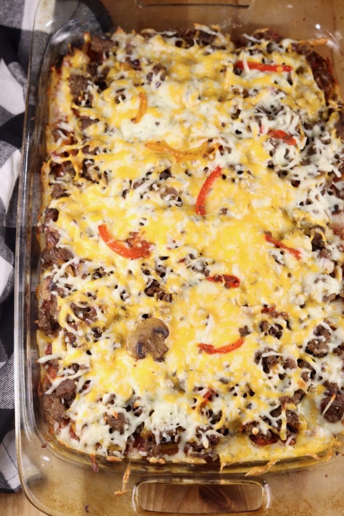 Breakfast Pizza Casserole with biscuit crust, Italian Sausage, peppers and onions