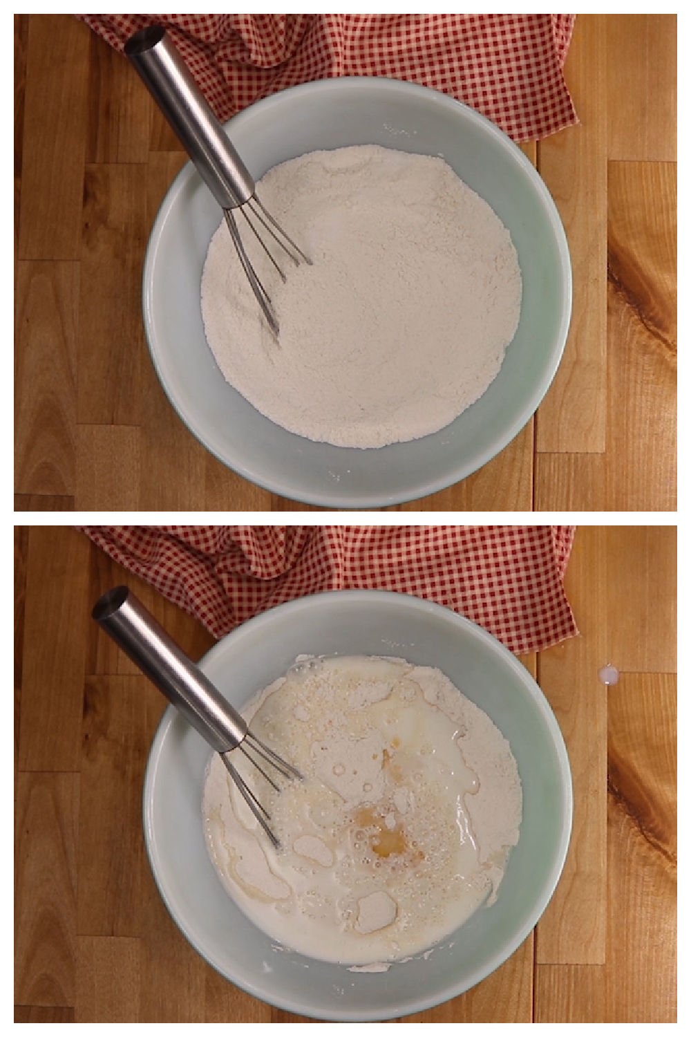 collage: mixing bowl with flour and sugar/adding milk and vanilla