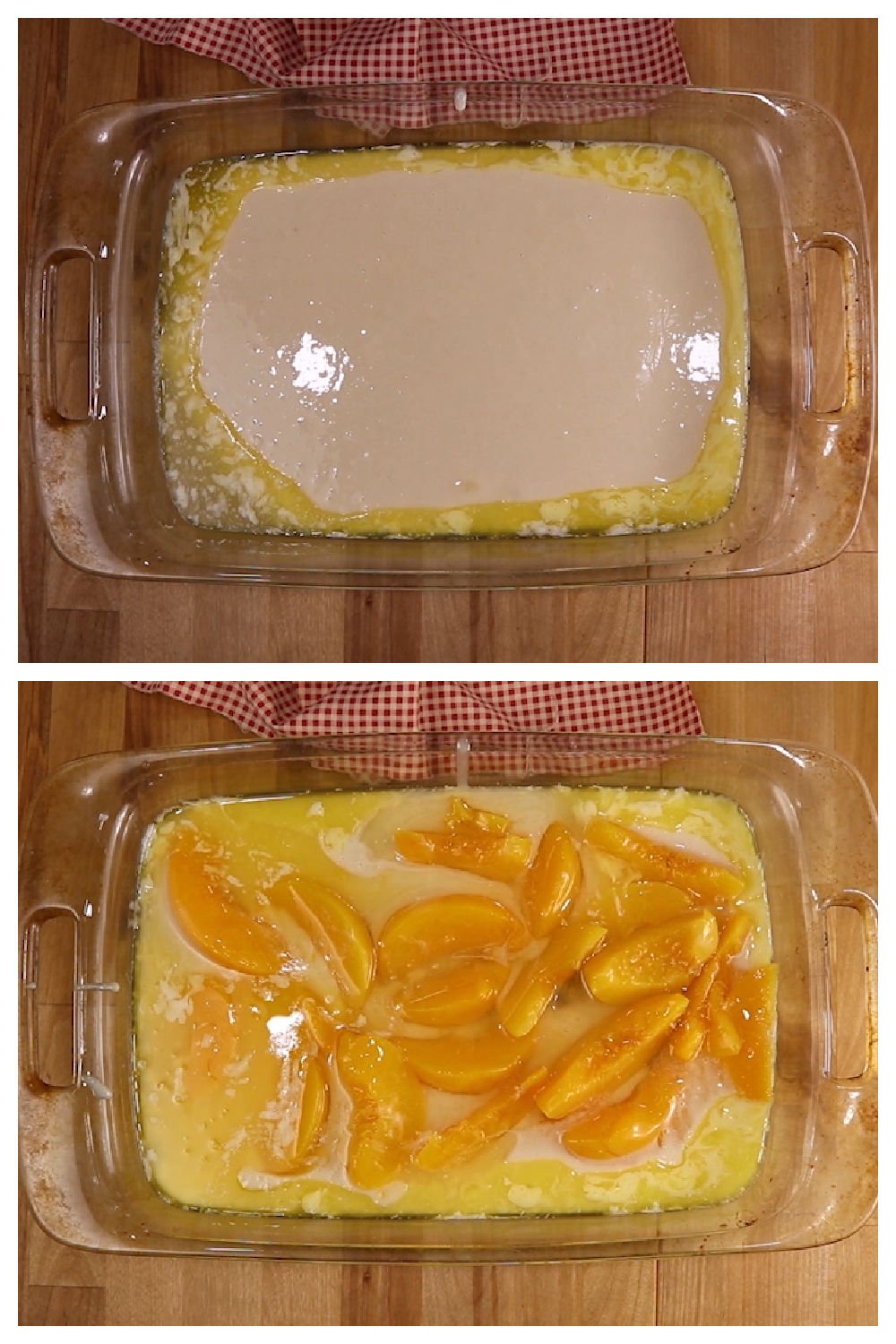 collage: butter and batter in baking dish/ topped with sliced peaches