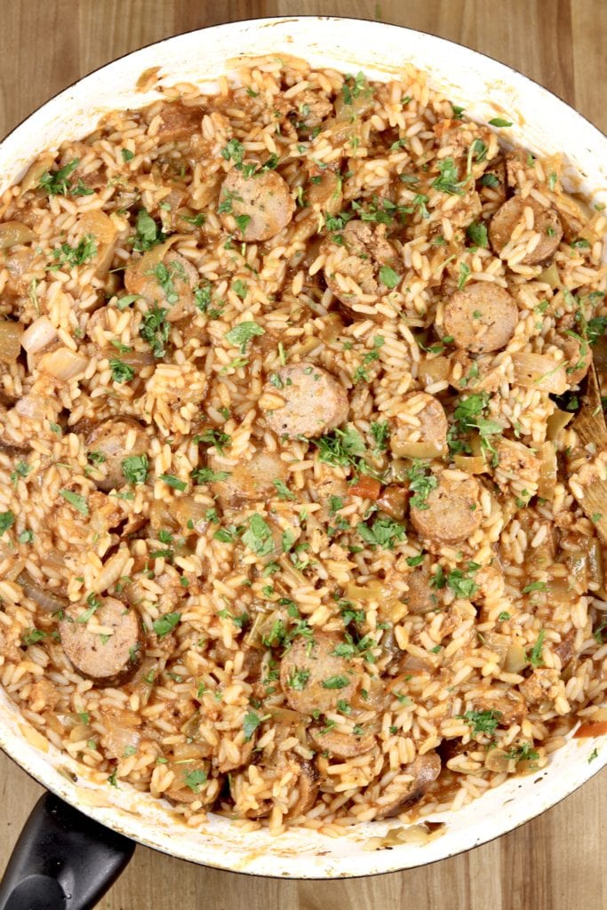 Skillet rice dish with andouille sausage