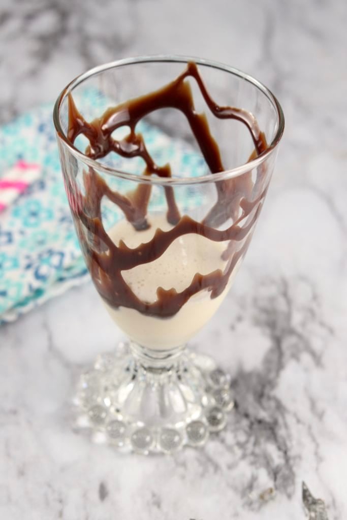 Chocolate drizzled glass for frozen cocktail