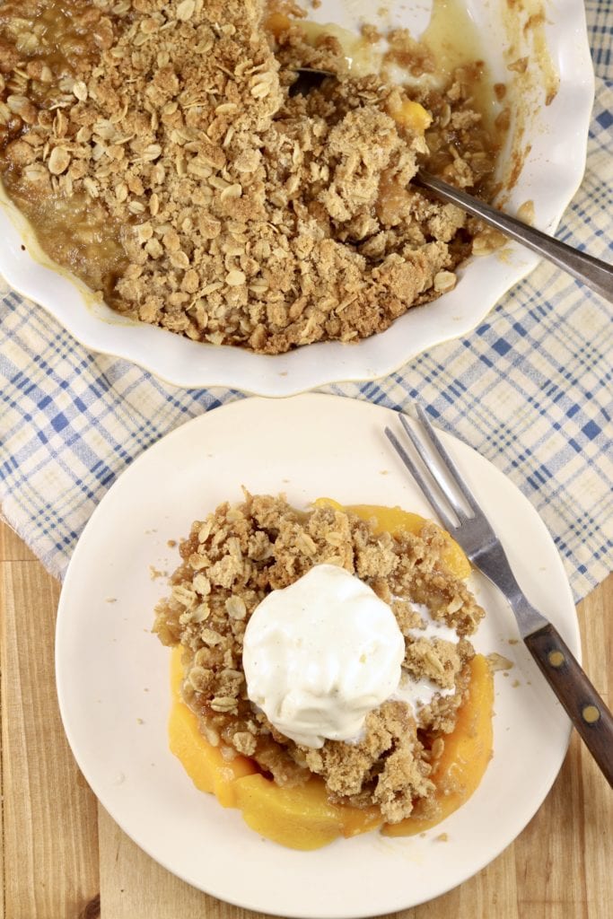 Easy fruit dessert made with peaches and a brown sugar oat topping. 