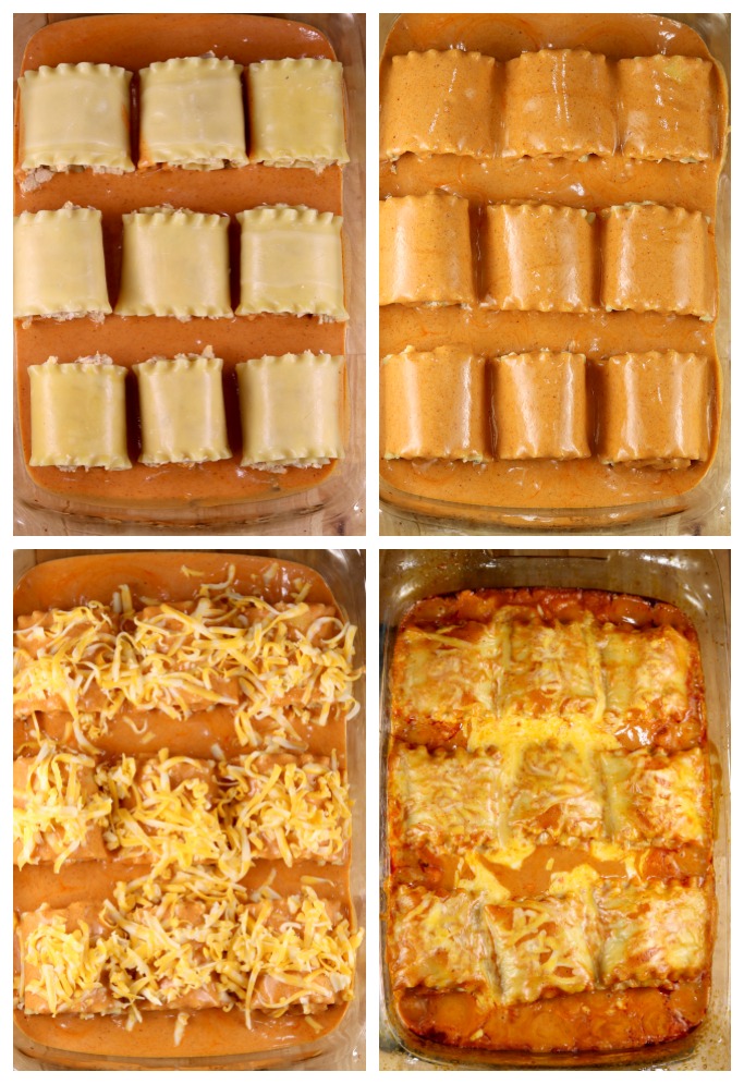 step by step of making chicken enchilada lasagna roll ups