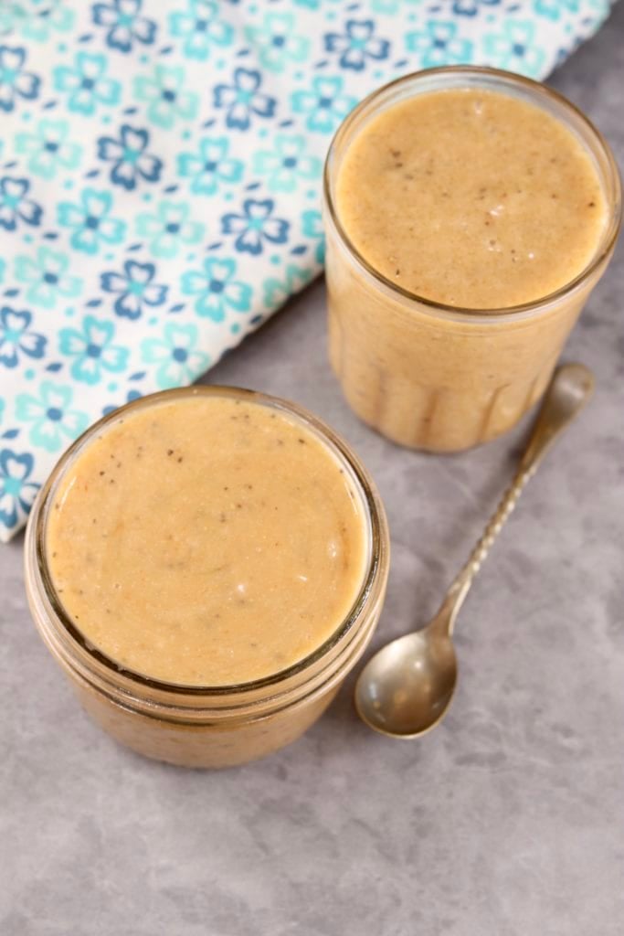 Burger Sauce in 2 jars with a spoon. overhead view