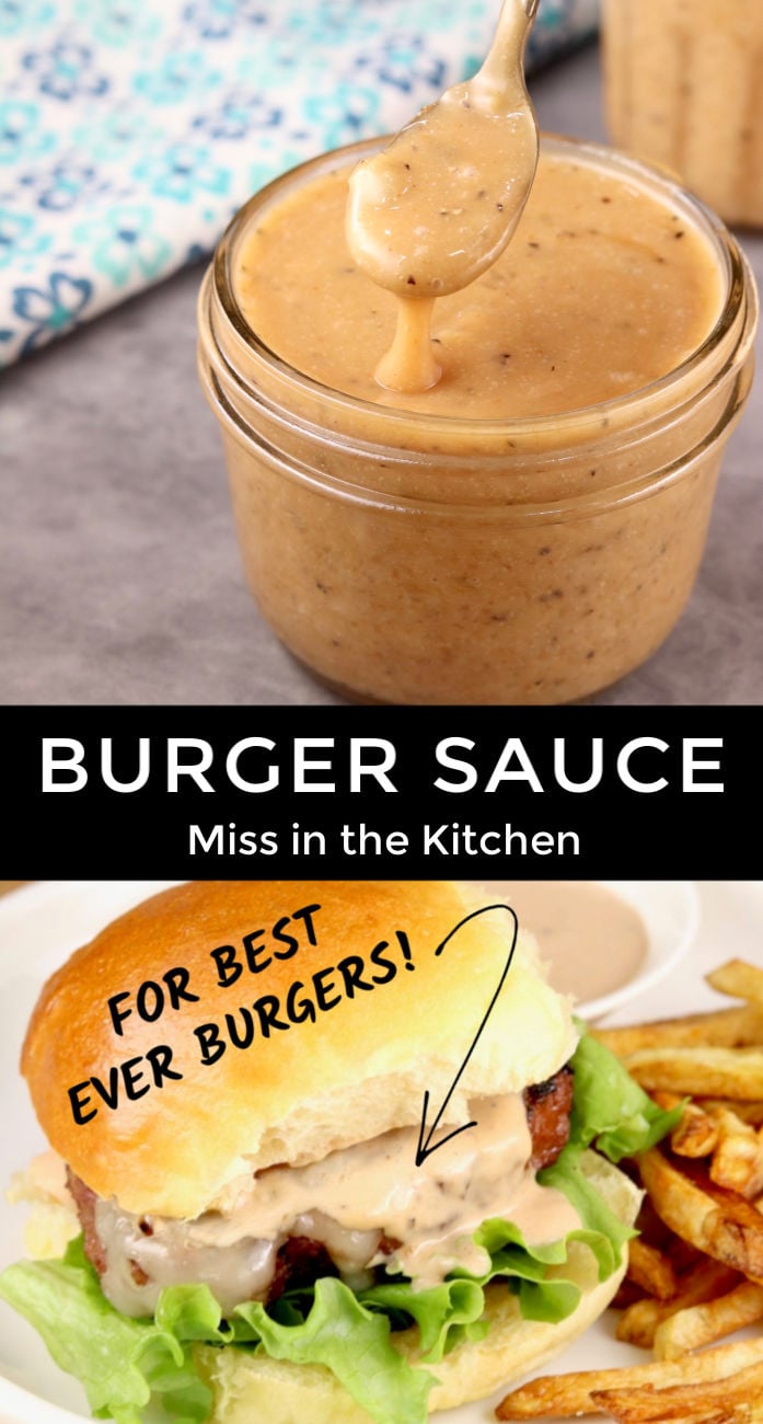 Burger Sauce in a jar over photo of burger with sauce collage