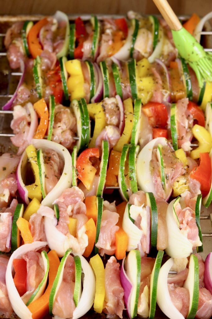 Chicken and Vegetable Kebabs brushed with marinade