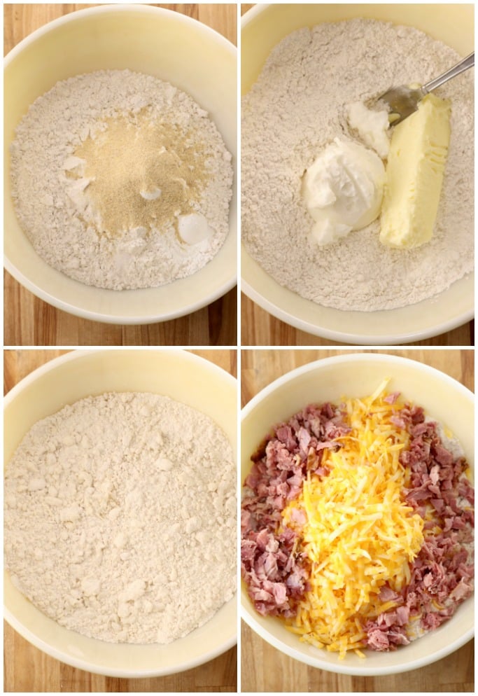 Step by step making ham and cheese buttermilk biscuits