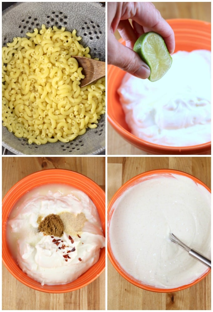 Collage of making macaroni salad with creamy lime dressing