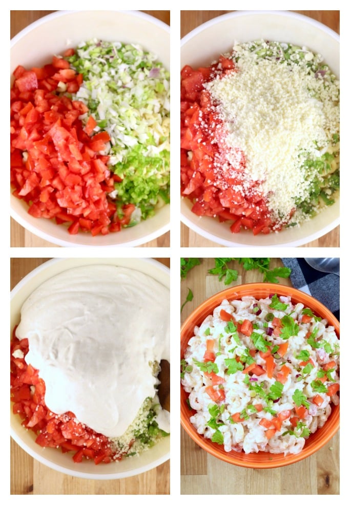 Making macaroni salad with onions, tomatoes, jalapenos, cotija cheese and creamy lime dressing