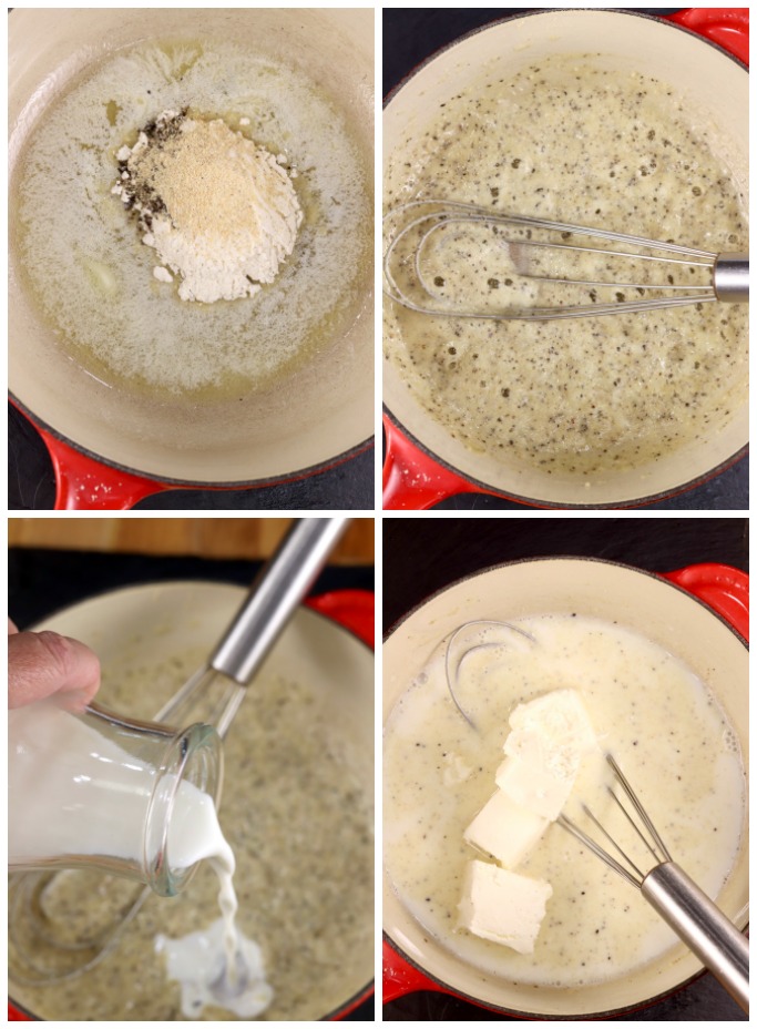Step by step photos of making cheese sauce for mac and cheese