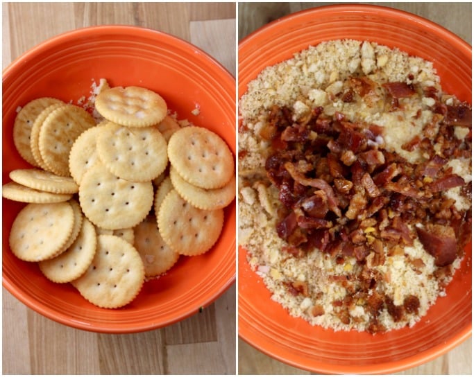 Collage- Ritz Crackers in a bowl, crackers crushed, bacon and melted butter