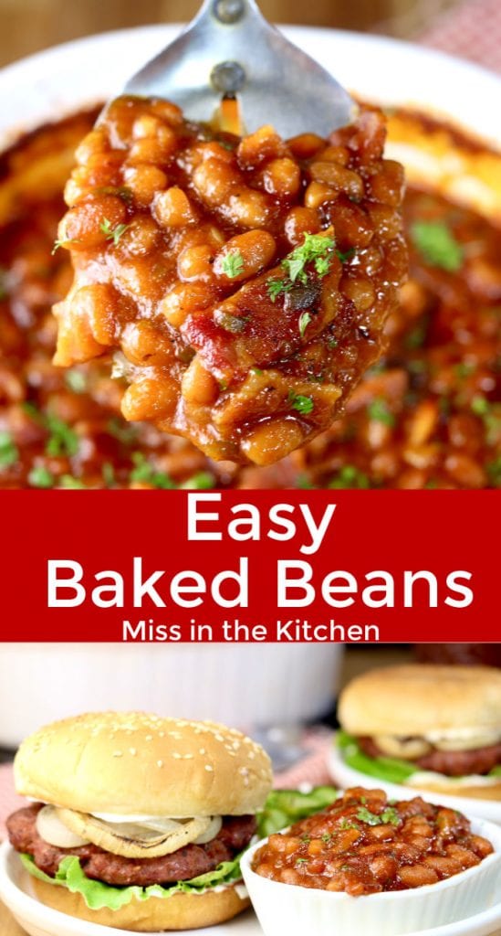 Easy Baked beans, spoonful and plated with burger