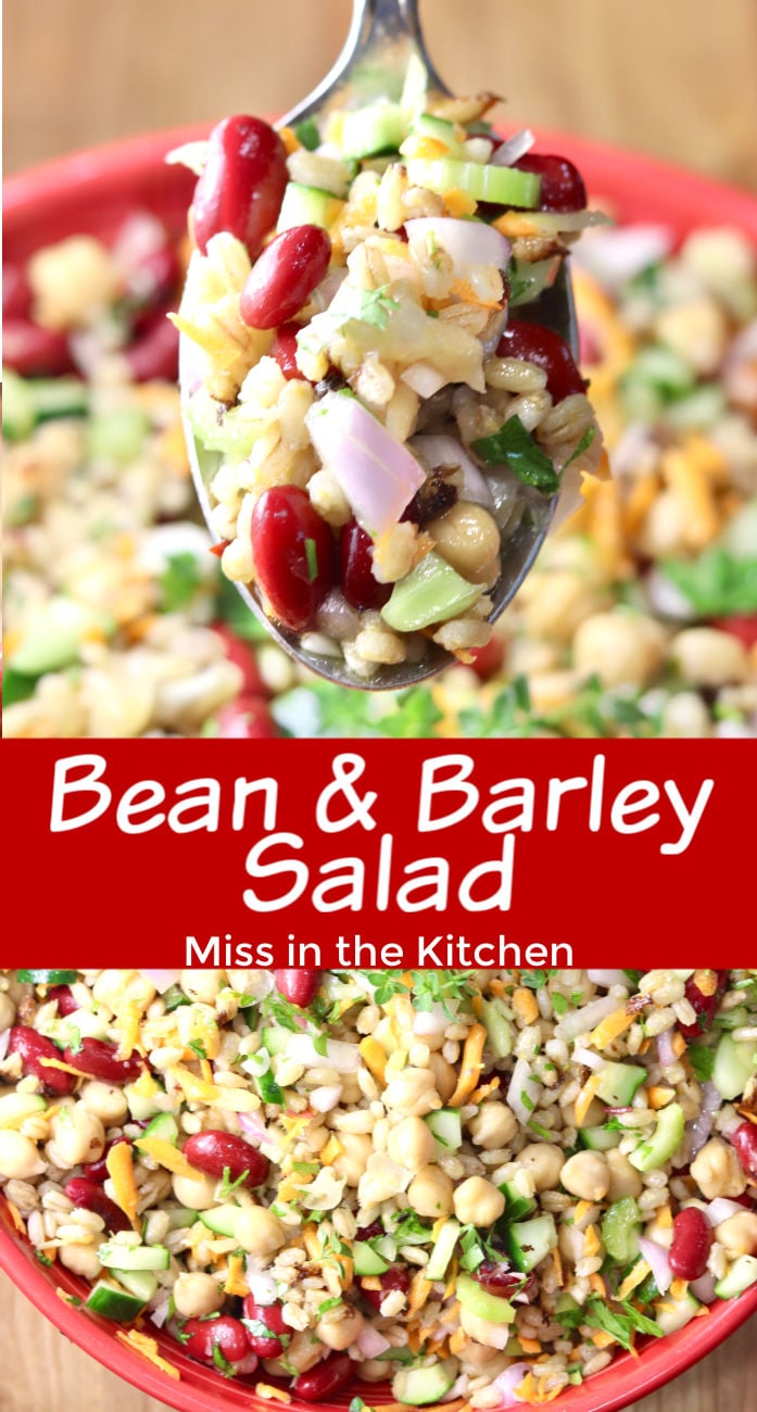 Bean and Barley Salad with closeup spoonful