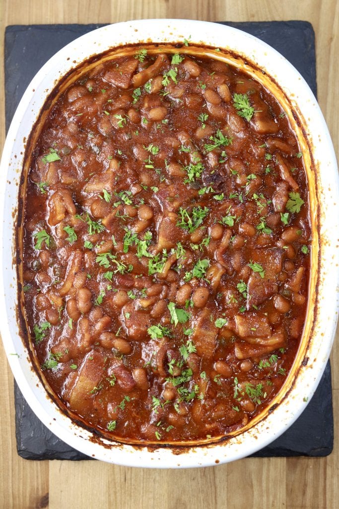 Baked Beans in an oval casserole dish