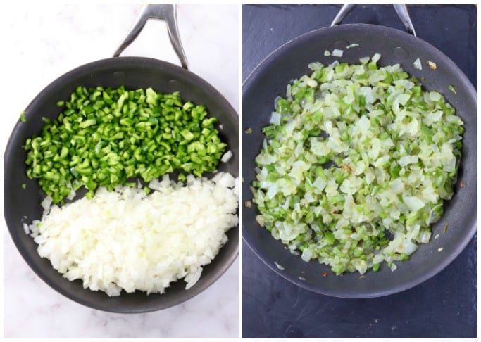 Skillet of bell peppers and onions -before and after cooking