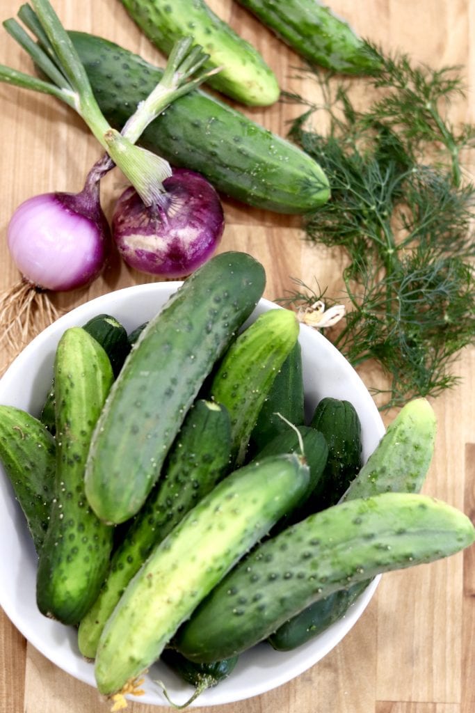 Fresh cucumbers in a bowl, 2 small red onions, fresh dill