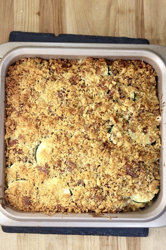 Baked Jalapeno Popper Zucchini Casserole in a square baking pan