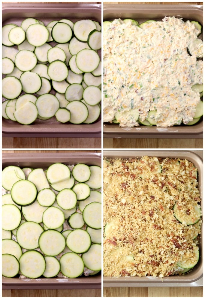 Layering zucchini casserole with creamy filling and cracker topping