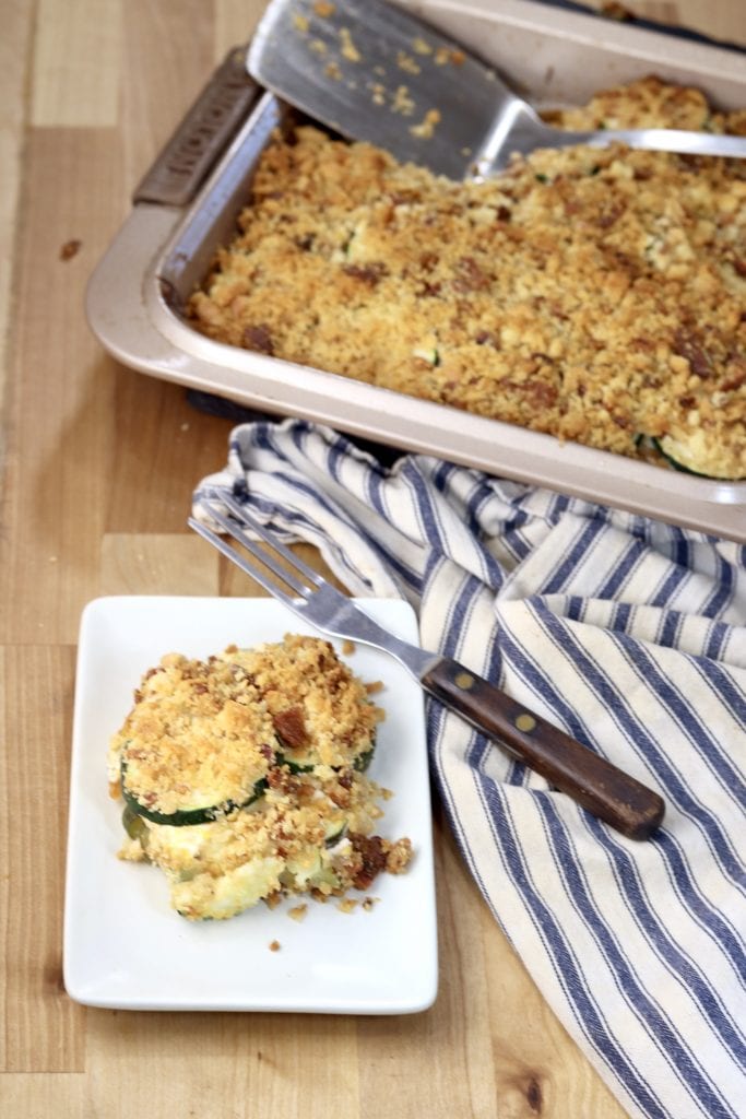 Zucchini Casserole, plated and casserole pan in background