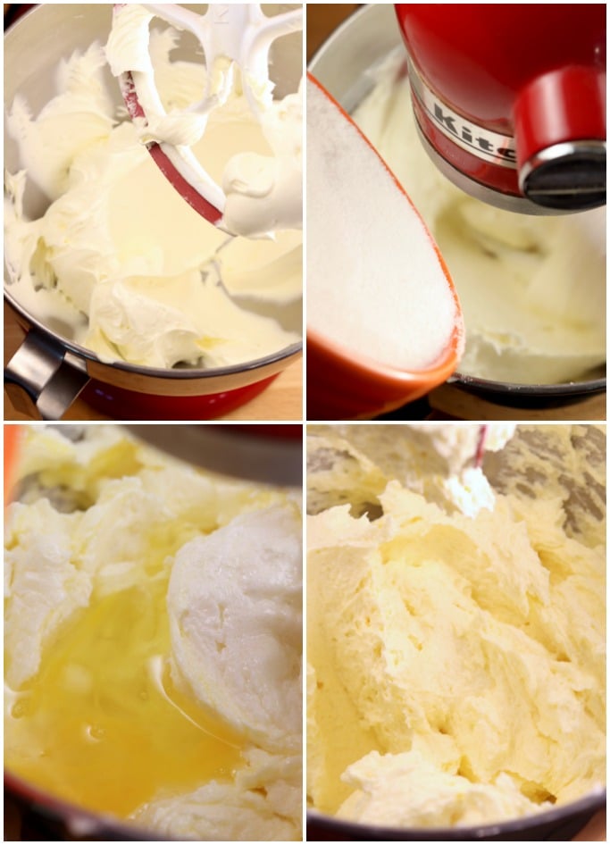 step by step photos of mixing butter, sugar and eggs for pound cake