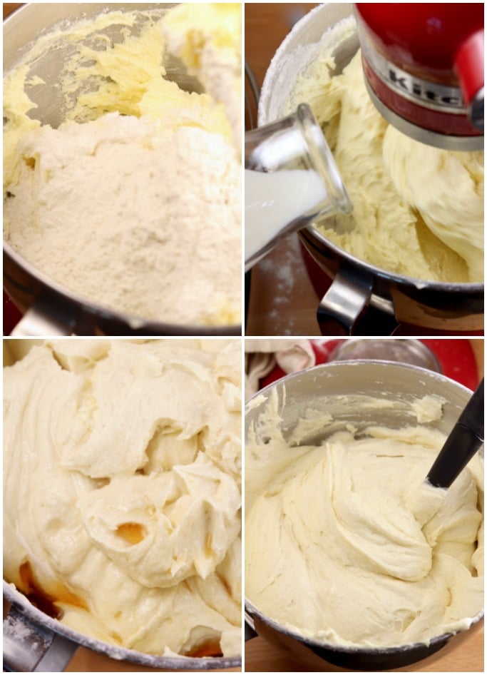 Mixing flour, milk and extracts into pound cake batter