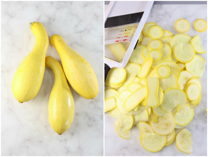 How to slice squash with a mandoline Yellow squash, whole and sliced with mandoline