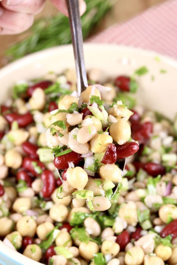 Close up of spoonful of Three Bean Salad