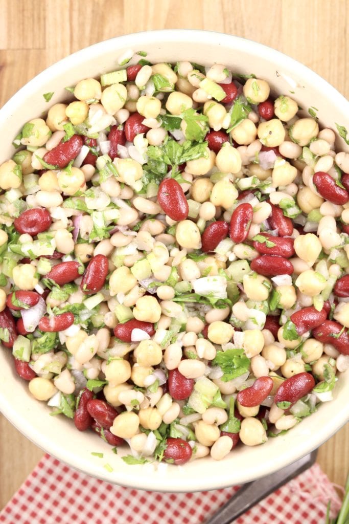 Three Bean Salad with celery and onion - overhead view