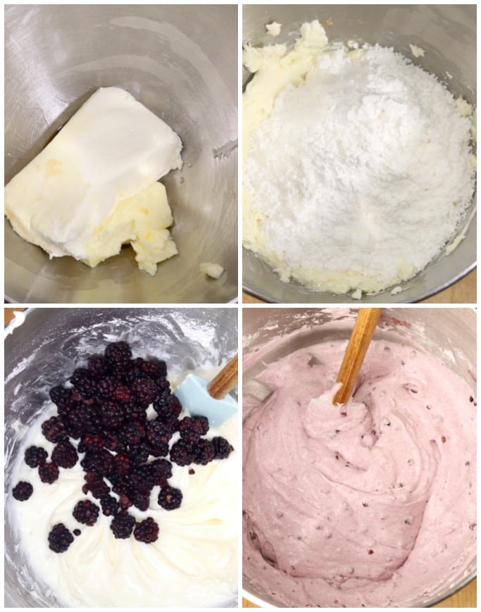 Making cream cheese blackberry icing with powdered sugar