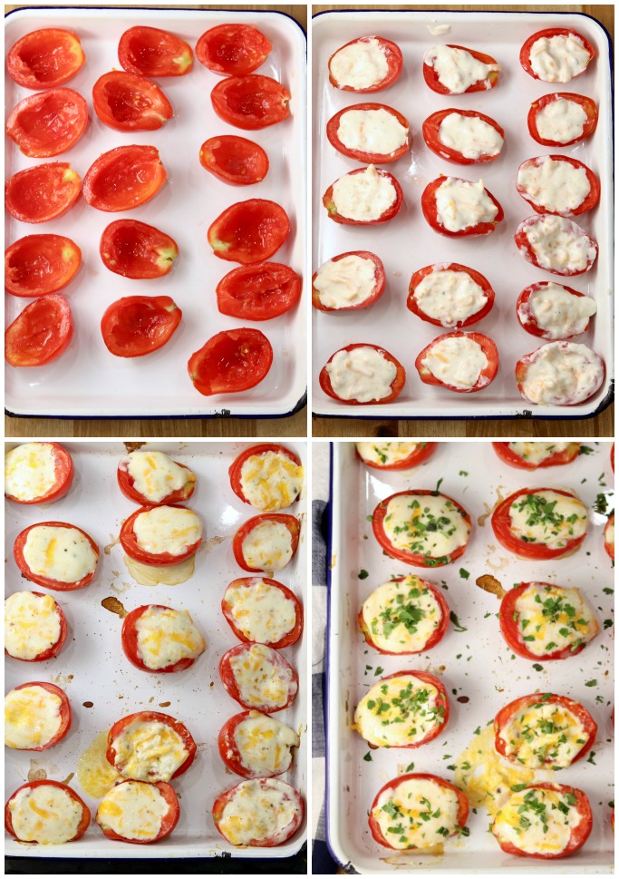 Step by step filling and baking tomatoes with cheese filling