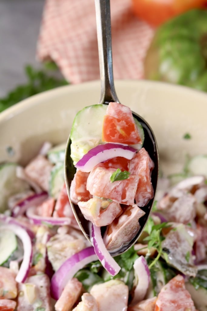 Spoonful of creamy cucumber tomato salad with red onion
