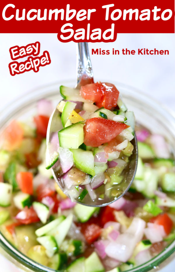 Cucumber Tomato Salad in a spoon- text overlay.