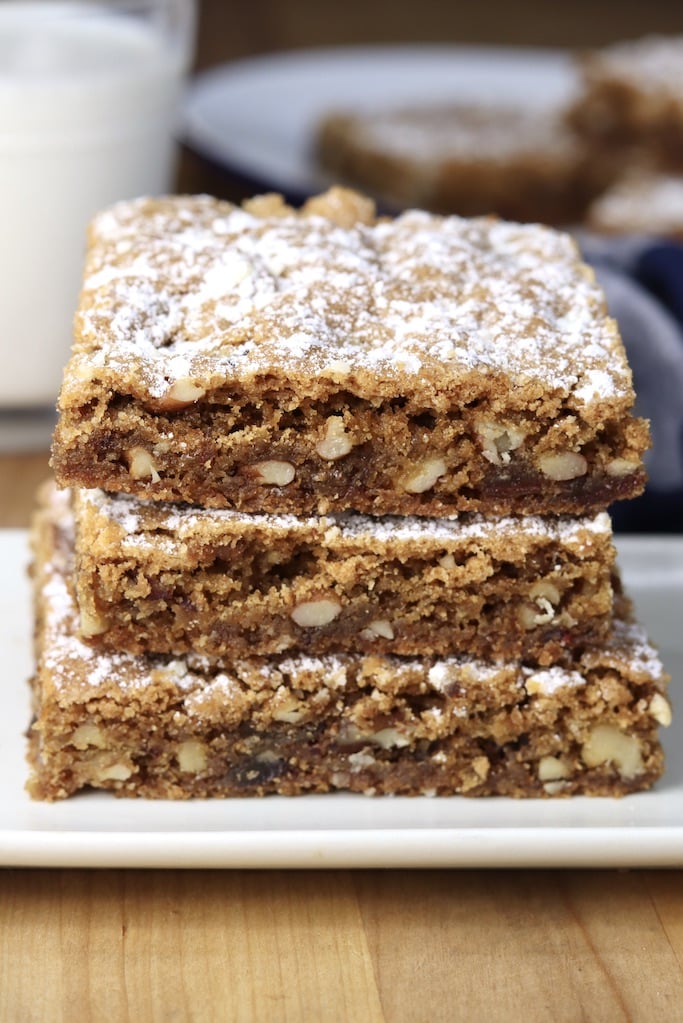 Easy Dessert bars with dates and nuts - stack of 3 on a plate