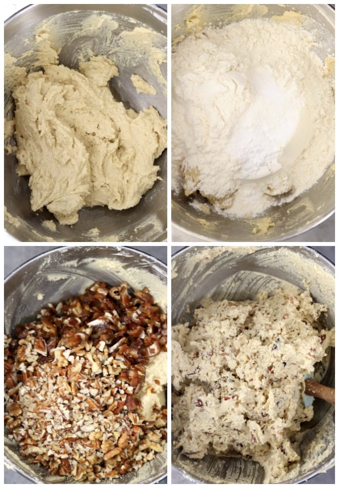 Making date bars with nuts - collage mixing the dough