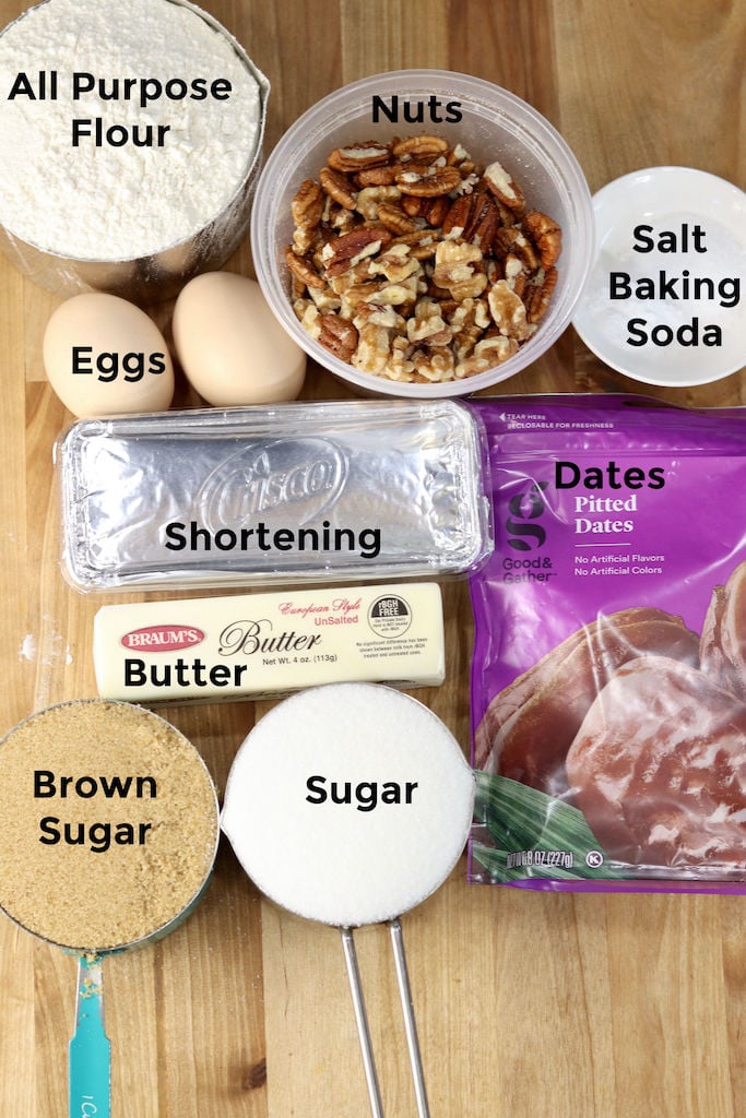 Ingredients for Date Bars - flour, sugar, nuts, shortening, butter, dates, baking soda, salt, eggs