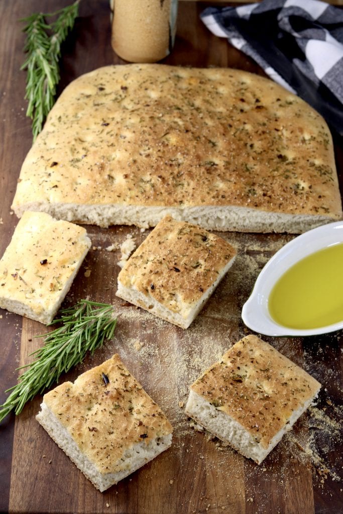 Square slices of focaccia bread with olive oil 