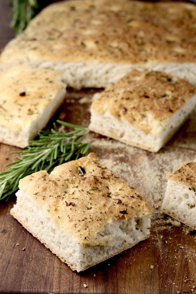 Focaccia Bread with rosemary, cut into squares