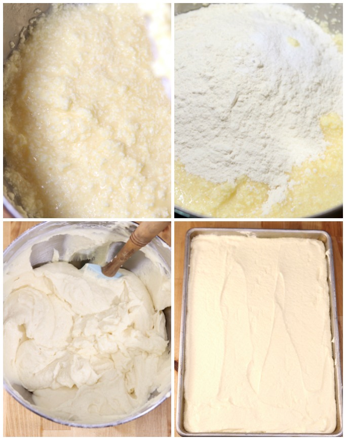 Making vanilla cake batter and adding to a jelly roll pan