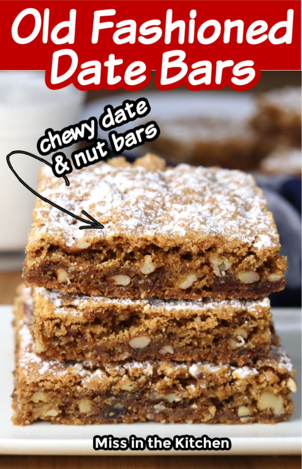 Date Bars with nuts stacked on a plate with text overlay