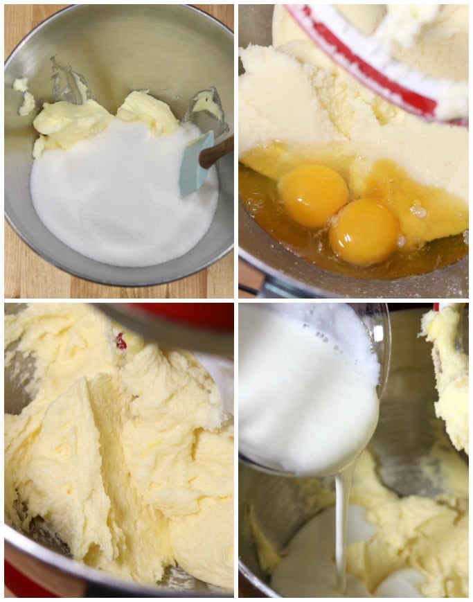 Step by step making vanilla cake batter with butter, sugar, eggs, buttermilk