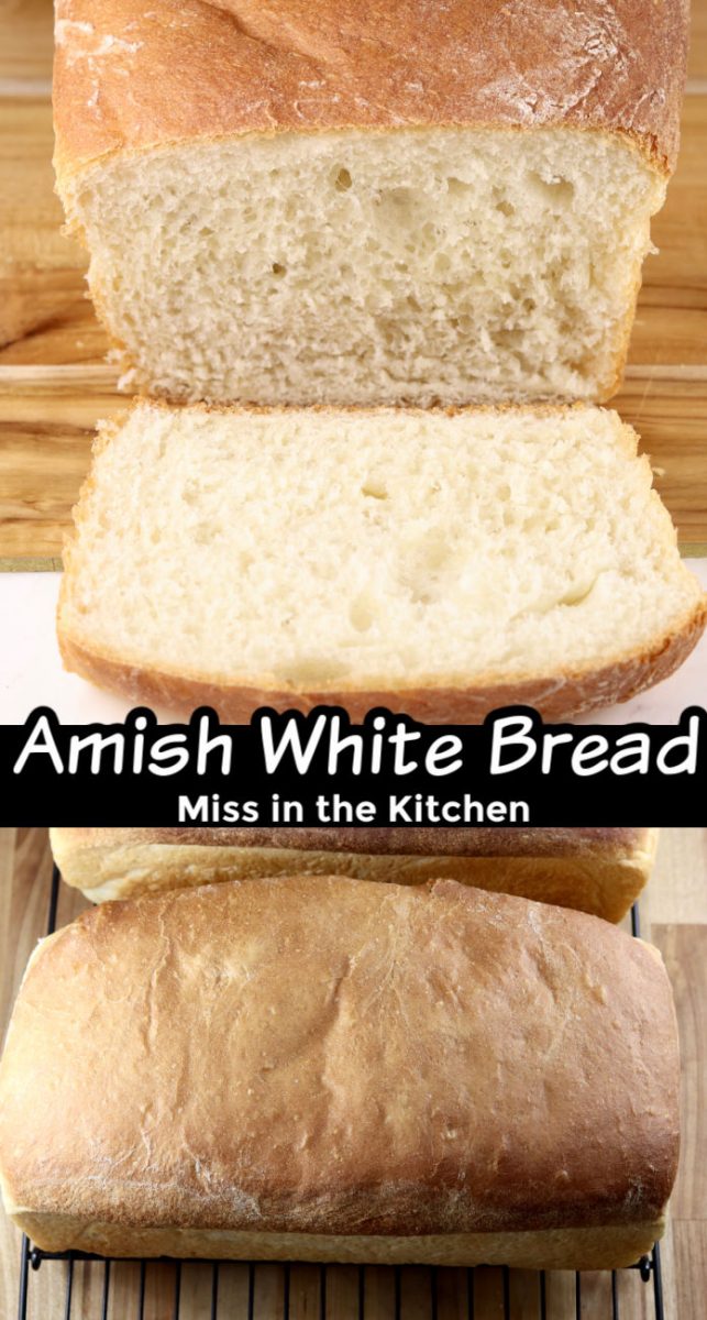 Collage of sliced Amish white bread, over baked loaf on a wire rack - title overlay in center